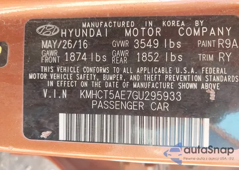 2016 Hyundai Accent Se z USA, uszkodzony, nr VIN KMHCT5AE7GU295933